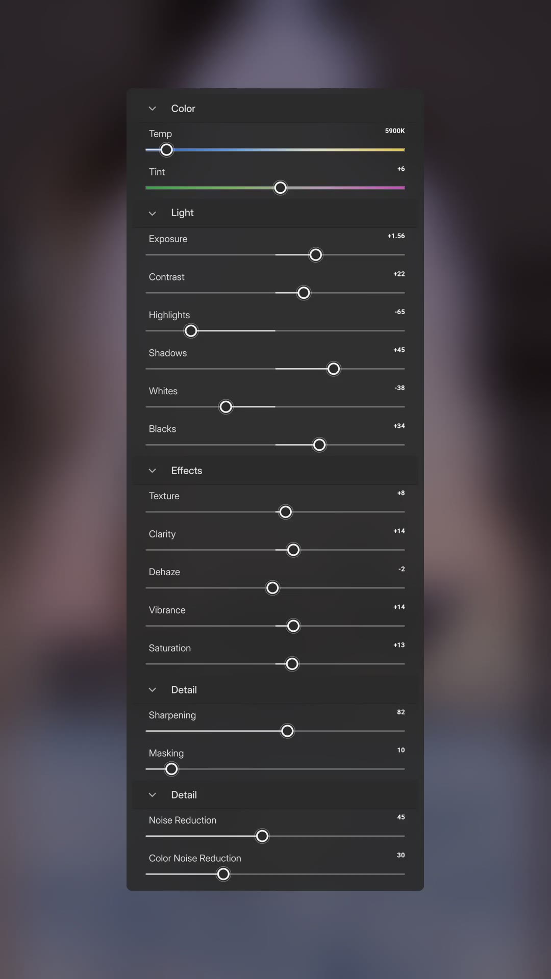 A single summary card listing every Lightroom setting from a Venetian lagoon edit