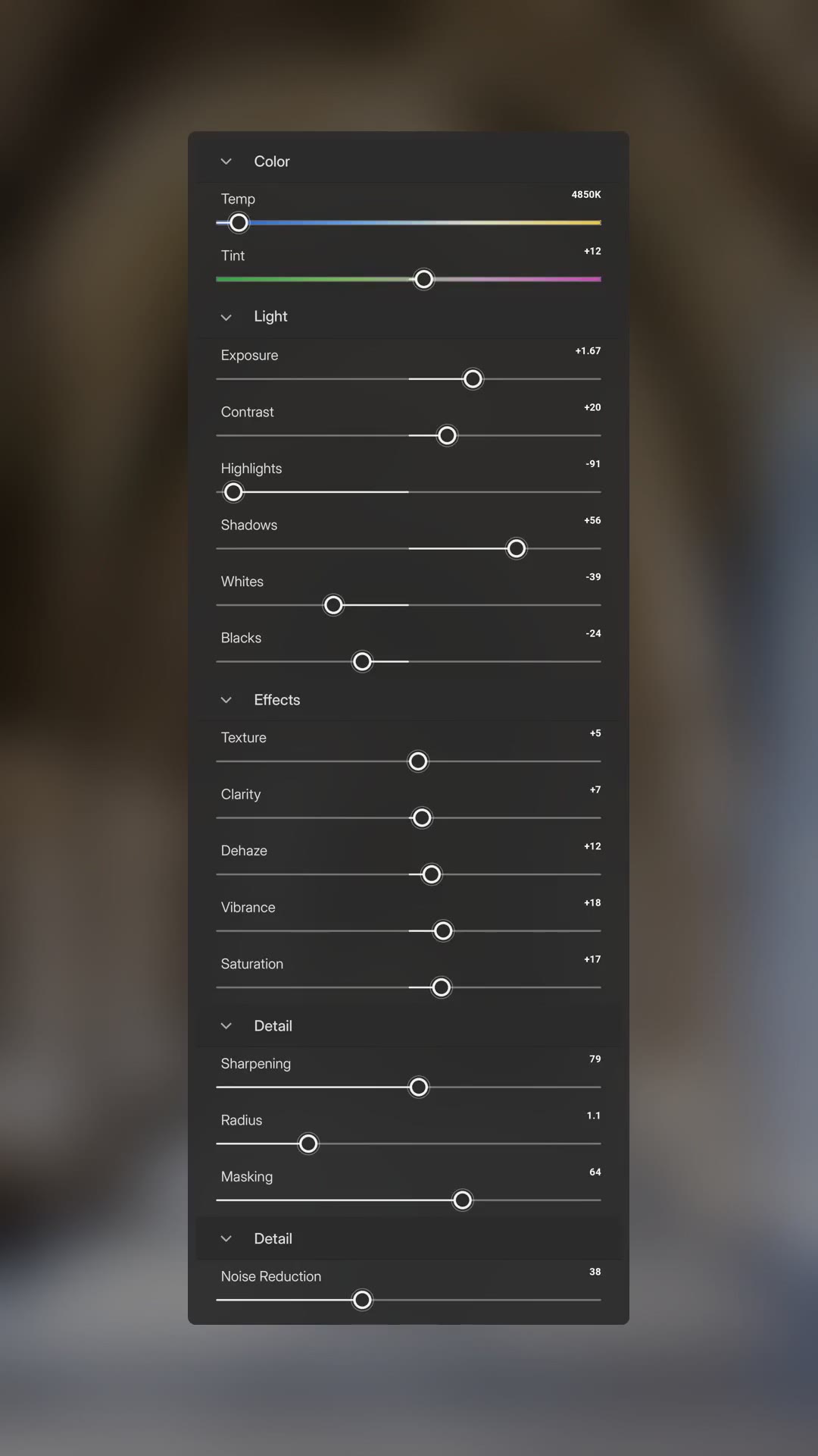 A single card listing every Lightroom setting, over A vaulted Gothic cloister lined with blue tiles
